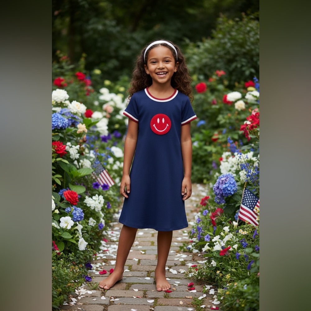 Paper Doll Navy Ribbed Dress Red & White Trim Red Smiley Patch Girls M (10/12)